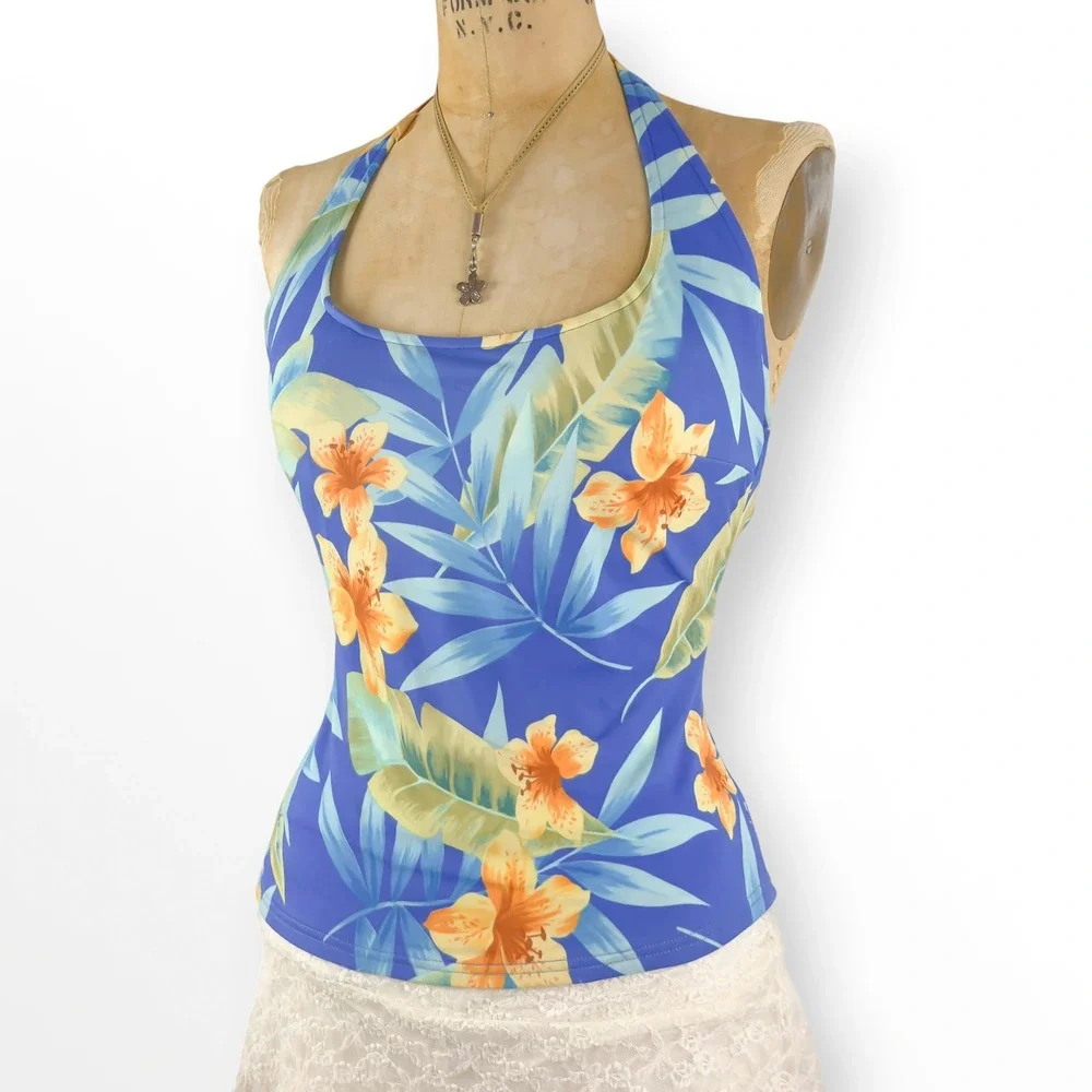 Vintage Y2K Tropical Floral Swim Halter Top Hibiscus Open Back Coconut Girl Sz L